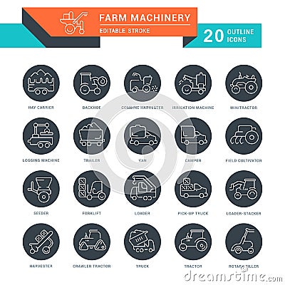 Set Vector Line Icons of Farm Machinery. Stock Photo