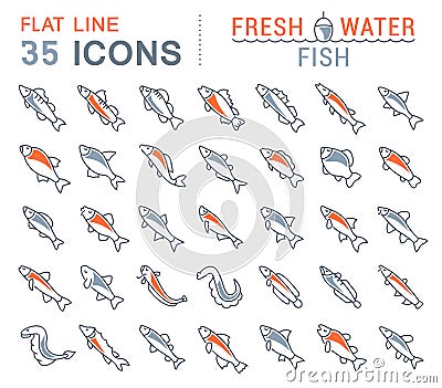 Set Vector Line Icons of Freshwater Fish Stock Photo
