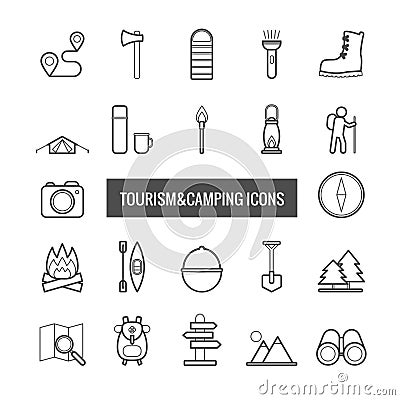 Collection of vector line tourism and camping icons for web design Vector Illustration