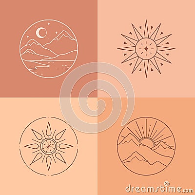 Set of vector linear boho emblems.Bohemian logos with lake,sun and sunburst,snowcapped mountains and moon Vector Illustration