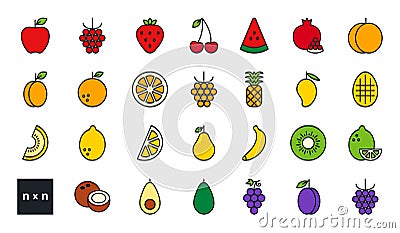 Set of vector linear color icons. Fruits and berries. Contour, shape, outline. Thin line. Modern minimalistic design Vector Illustration