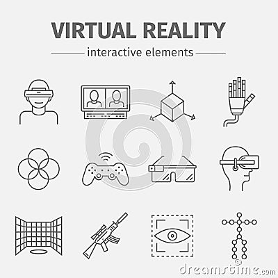 Set of vector linear icons of devices for virtual reality. Vector Vector Illustration