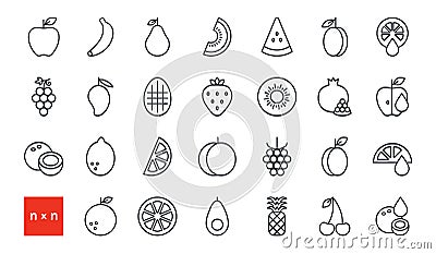 Set of vector linear icons. Fruits and berries. Contour, shape, outline. Thin line. Modern minimalistic design. Healthy Vector Illustration