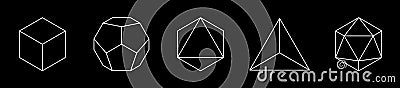 Set of vector linear platonic solids. Mathematical geometric shapes such as cube, tetrahedron, octahedron, dodecahedron Vector Illustration