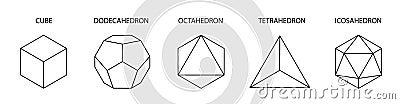 Set of vector linear platonic solids. Mathematical geometric shapes such as cube, tetrahedron, octahedron, dodecahedron Vector Illustration