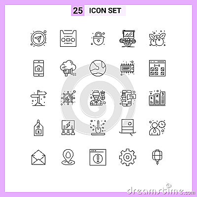 Set of 25 Vector Lines on Grid for fruit, online, lock, multiplayer, gaming Vector Illustration