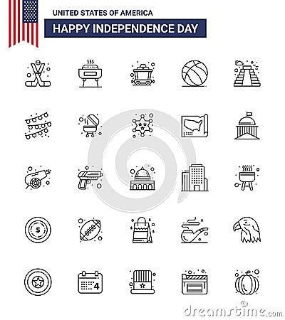 Set of 25 Vector Lines on 4th July USA Independence Day such as building; usa; holiday; american; football Vector Illustration