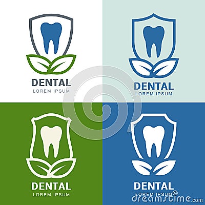 Set of vector logo icons design. Tooth, shield and green leaves Vector Illustration