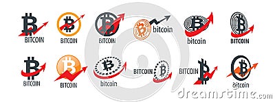 A set of vector logos with an image of Bitcoin with an arrow Vector Illustration