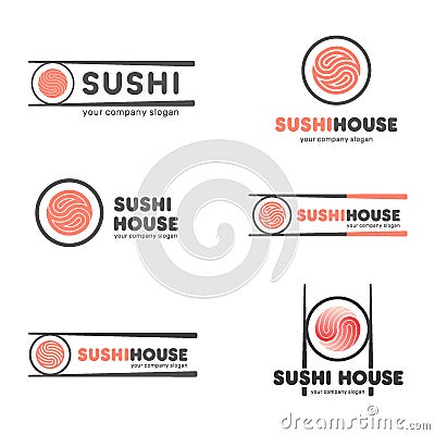 Set of vector logos for sushi. Logo design for restaurants of Japanese food Vector Illustration