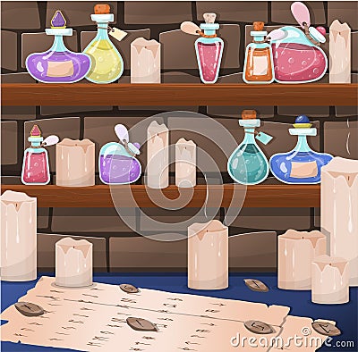 A set of vector magic bottles and flasks. Colorful magic potions. Cartoon cliparts, symbols Vector Illustration