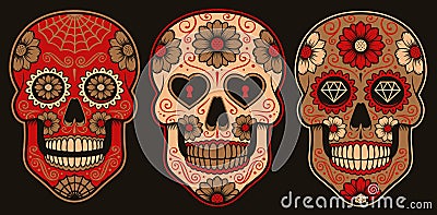 Set of vector Mexican sugar skulls with floral element Vector Illustration