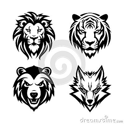 Set of vector minimalistic animal heads for logotypes, emblems, tattoos, isolated on white background. Lion, Tiger, Bear, Volf. Vector Illustration