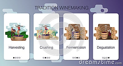 Set of vector mobile app pages on theme craft winery. Stages of tradition winemaking. Design of onboarding screens Vector Illustration