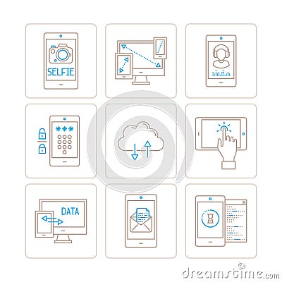 Set of vector mobile tech icons and concepts in mono thin line style Vector Illustration