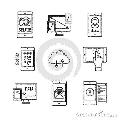 Set of vector mobile tech icons and concepts in sketch style Vector Illustration