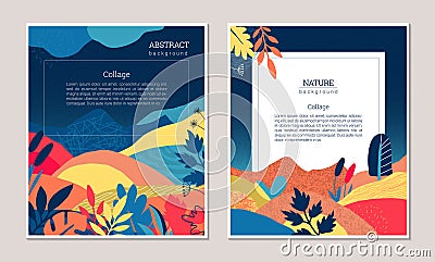 Set of vector modern artistic posters with hand drawn textures, plants, leaves and cut out paper shapes. Vector Illustration