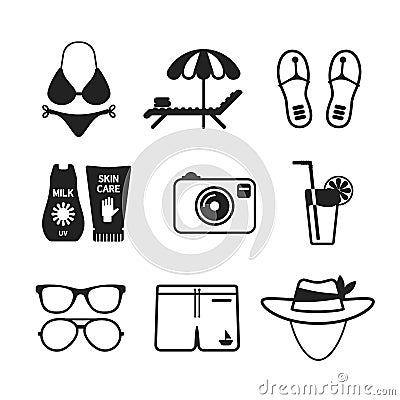 Set of vector monochrome beach vacations icons in flat style Vector Illustration