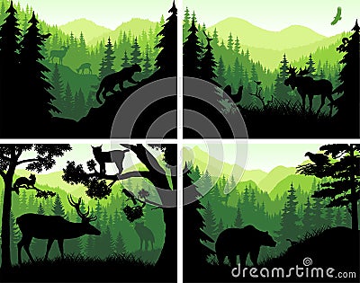 Set of vector mountains woodland animals silhouettes in sunset templates Vector Illustration