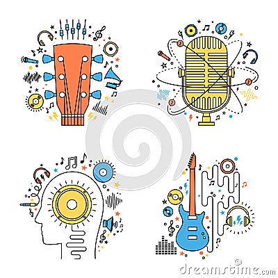 Set of vector music flat line illustrations Vector Illustration