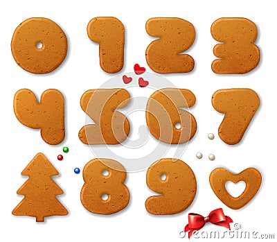 Set of vector numbers in shape of Christmas gingerbreads with design elements Vector Illustration