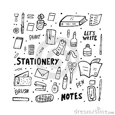 Set of vector doodle stationery. Office supplies. Vector Illustration