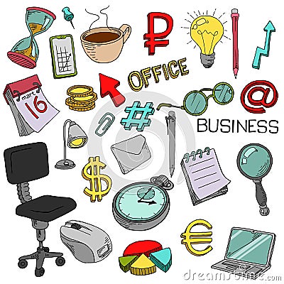 Set of vector office supplies. Collection of stationery in doodle style Vector Illustration