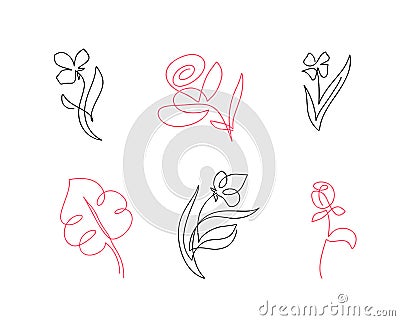 Set of vector one line flowers line art. Minimalist contour drawing. One line artwork Vector Illustration