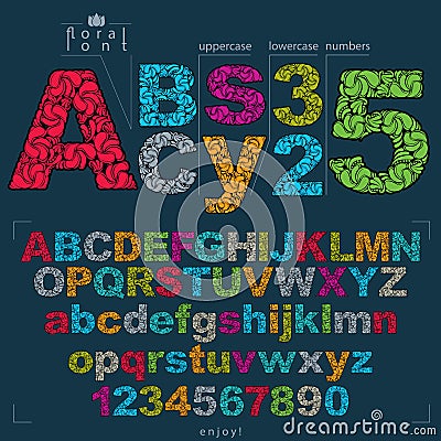 Set of vector ornate letters and numbers, flower-patterned types Vector Illustration