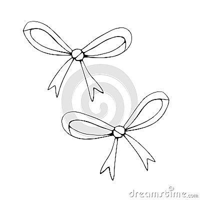 Set of vector outline bows, ribbons. Doodles, coloring book, hand drawn. Simple clip art Vector Illustration