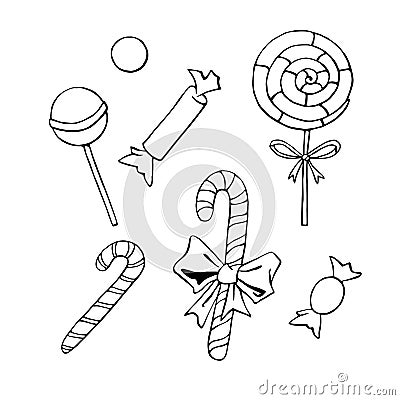 Set vector outline candy canes, sweets, lollipops. Simple hand drawn contour dessert in doodle style isolated on white background Stock Photo