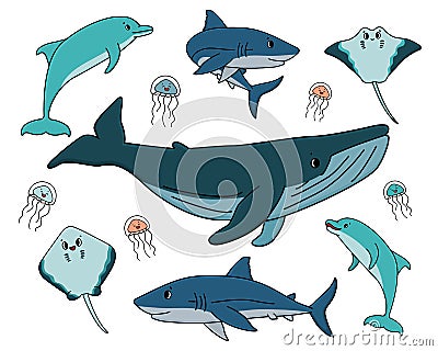 Set of vector outline cartoon ocean and sea happy animals. Whale, dolphin, shark, stingray of two types, jellyfish have eyes and Vector Illustration