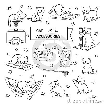 Set of vector outline illustrations. Cats and accessories. Toys,beds, scratching posts Cartoon Illustration