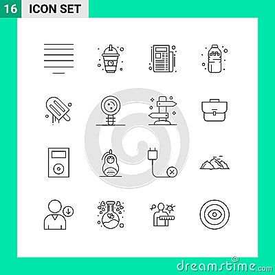 Set of 16 Vector Outlines on Grid for biology, american, newspaper, cream, water Vector Illustration