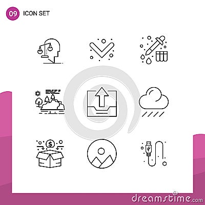 Group of 9 Modern Outlines Set for close, rain, chemistry, mountain, landscape Vector Illustration