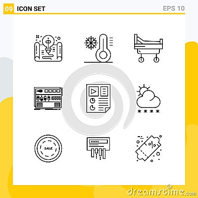 Editable Vector Line Pack of 9 Simple Outlines of data, rackmount, temperature, module, audio Vector Illustration