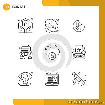 9 User Interface Outline Pack of modern Signs and Symbols of data, team, repeat, meeting, chat Stock Photo
