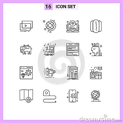 Set of 16 Vector Outlines on Grid for elephant, africa, area, sausage, food Vector Illustration