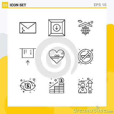 Set of 9 Vector Outlines on Grid for favorite, heart, earth, money, atm Vector Illustration