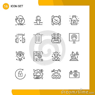 Set of 16 Vector Outlines on Grid for herbal, ayurvedic pills, hit, home, watch Vector Illustration