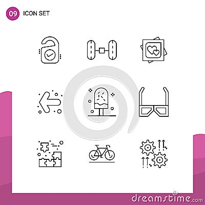 Set of 9 Vector Outlines on Grid for ice, cold, heart, left, arrow Vector Illustration