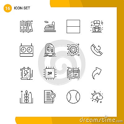 Set of 16 Vector Outlines on Grid for intelligence, brain, doctor, ai, clock Vector Illustration