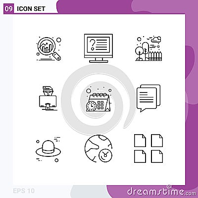Set of 9 Vector Outlines on Grid for schedule, programmer, building, gammer, hacker Vector Illustration