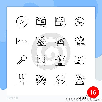 Set of 16 Vector Outlines on Grid for security, password, masjid, watts app, chat Vector Illustration