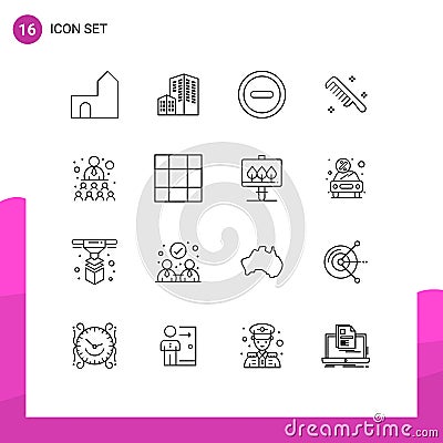 Set of 16 Vector Outlines on Grid for team, building, basic, clean, comb Vector Illustration