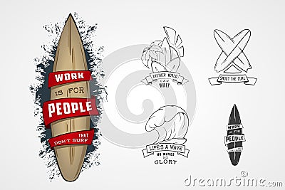 Set of vector patterns for design logos on theme of water, surfing, ocean, sea, palm, ribbon, wave, surfbord. Vector Illustration