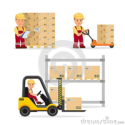 A set of vector people in the field of logistics, cargo storage and delivery. Warehouse worker in the uniform. Vector Illustration
