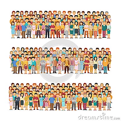 Set of vector people groups arranged in a row in flat style Vector Illustration