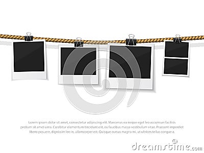 Set of vector photo hanged on rope. Realistic retro style instant fotos with thread. Collect moments Vector Illustration