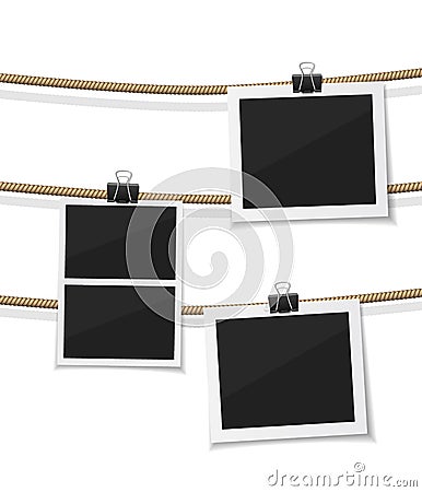 Set of vector photo hanged on rope. Realistic retro style instant fotos with thread. Remember the moment Vector Illustration